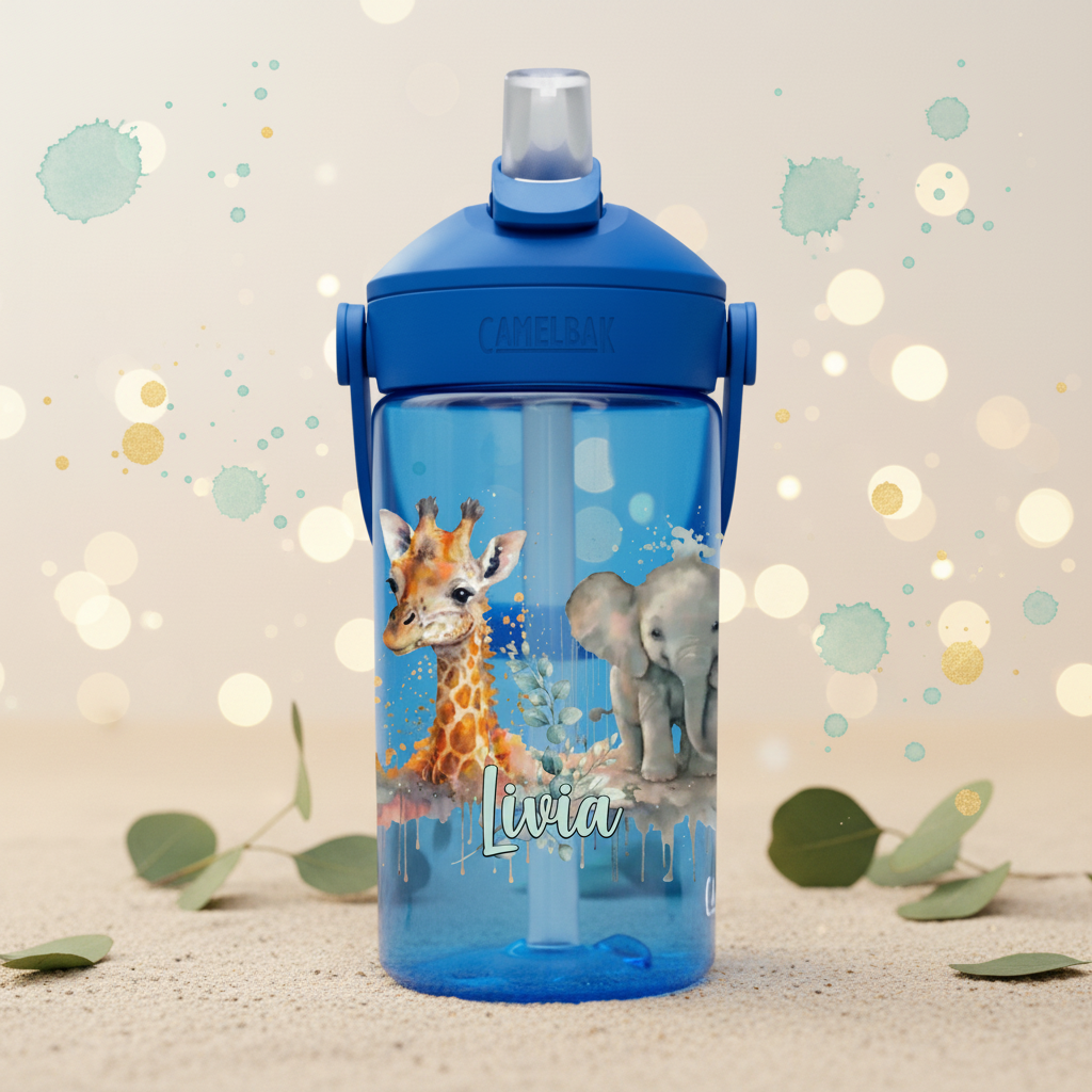 wunderschöne camelbak kindertrinkflasche mit safari tier motiven 360 grad bedruckt und mit namen personalisiert