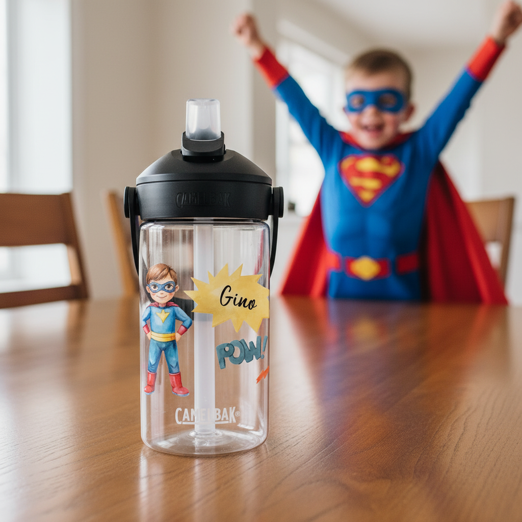 trinkflasche mit superhelden motiv mit strahlendem jungen als superheld verkleidet im hintergrund