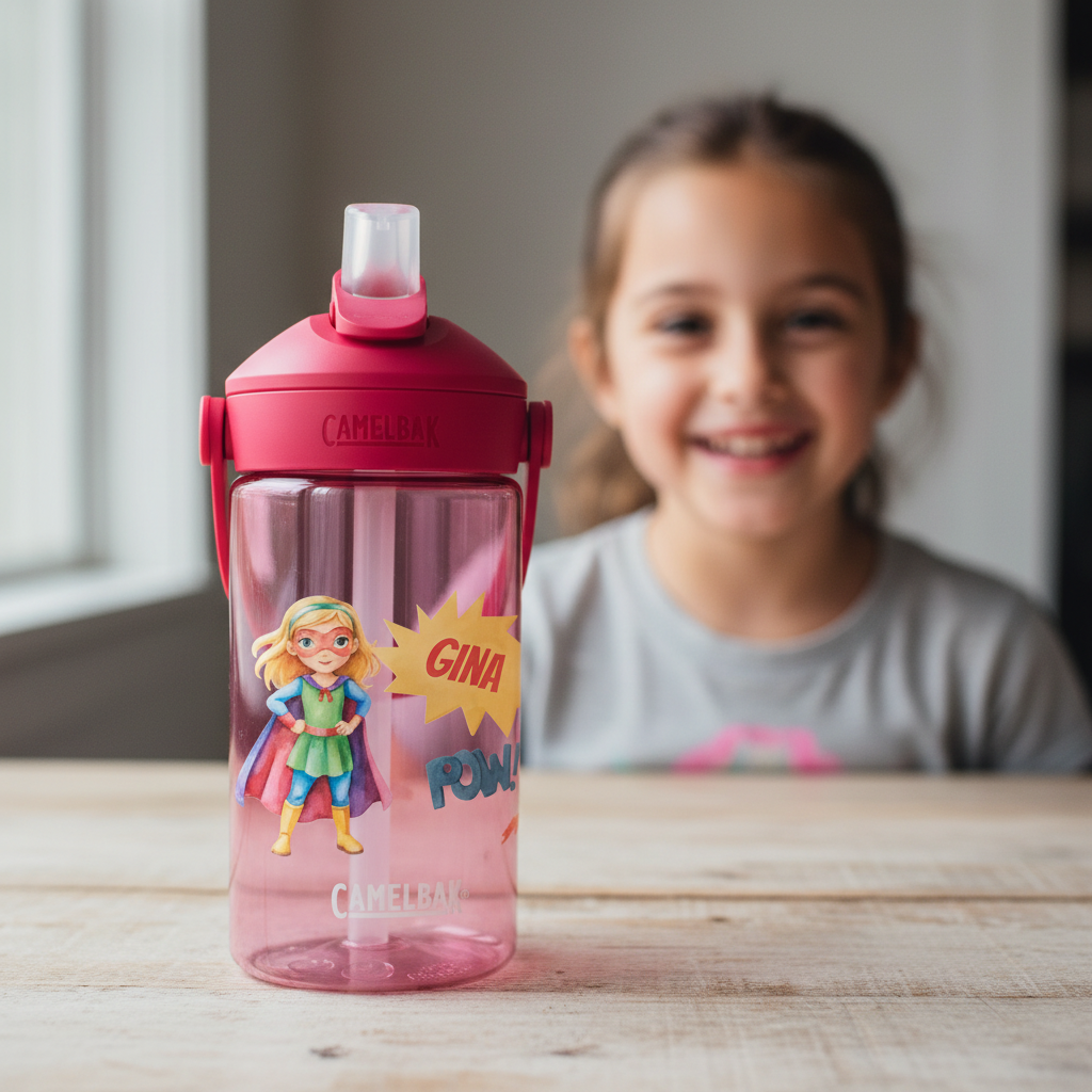 pinke camelbak trinkflasche mit Superheldin Motiv und glücklichem mädchen im hintergrund