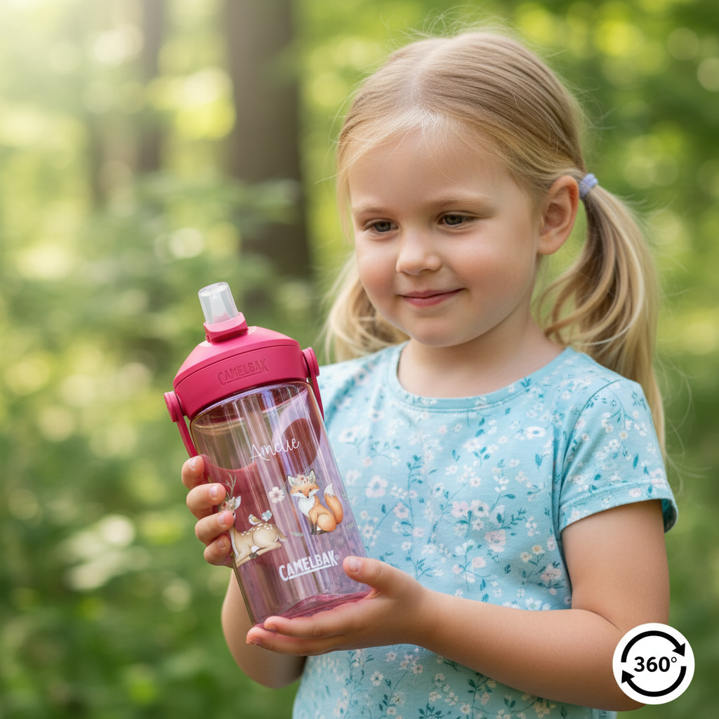 pinke camelbak flasche mit waldtiere und namen personalisiert in den händen eines Mädchens im wald