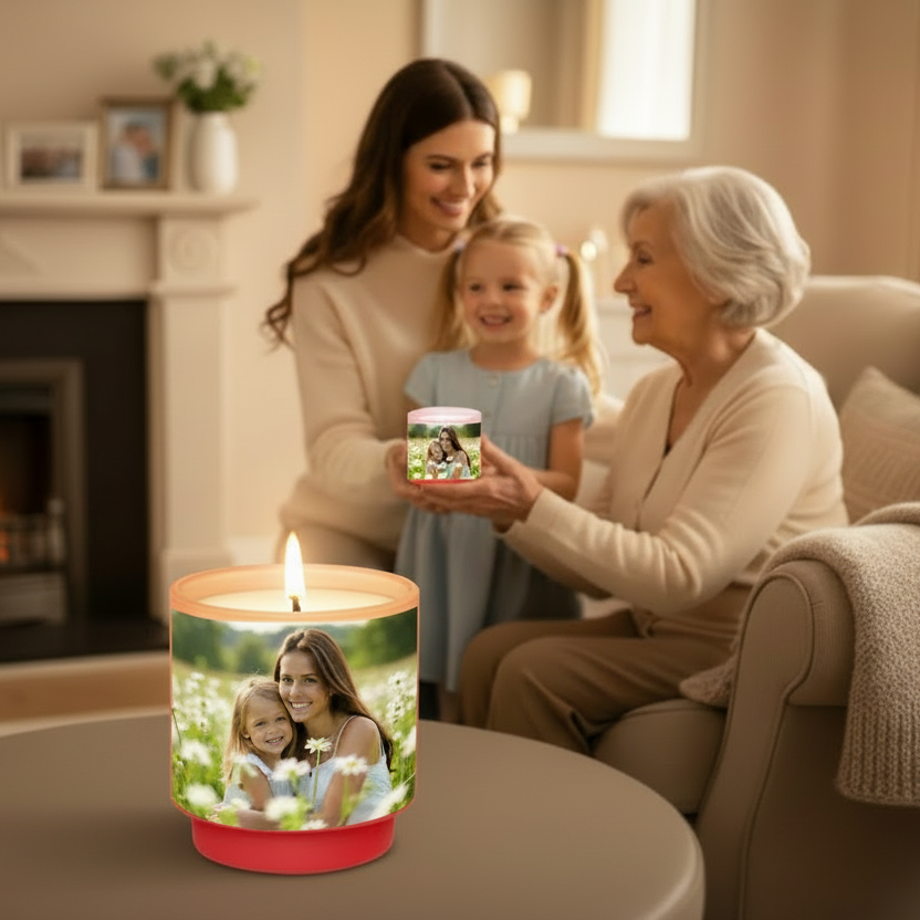 duftkerze von ava&may mit foto druck um das kerzenglas herum