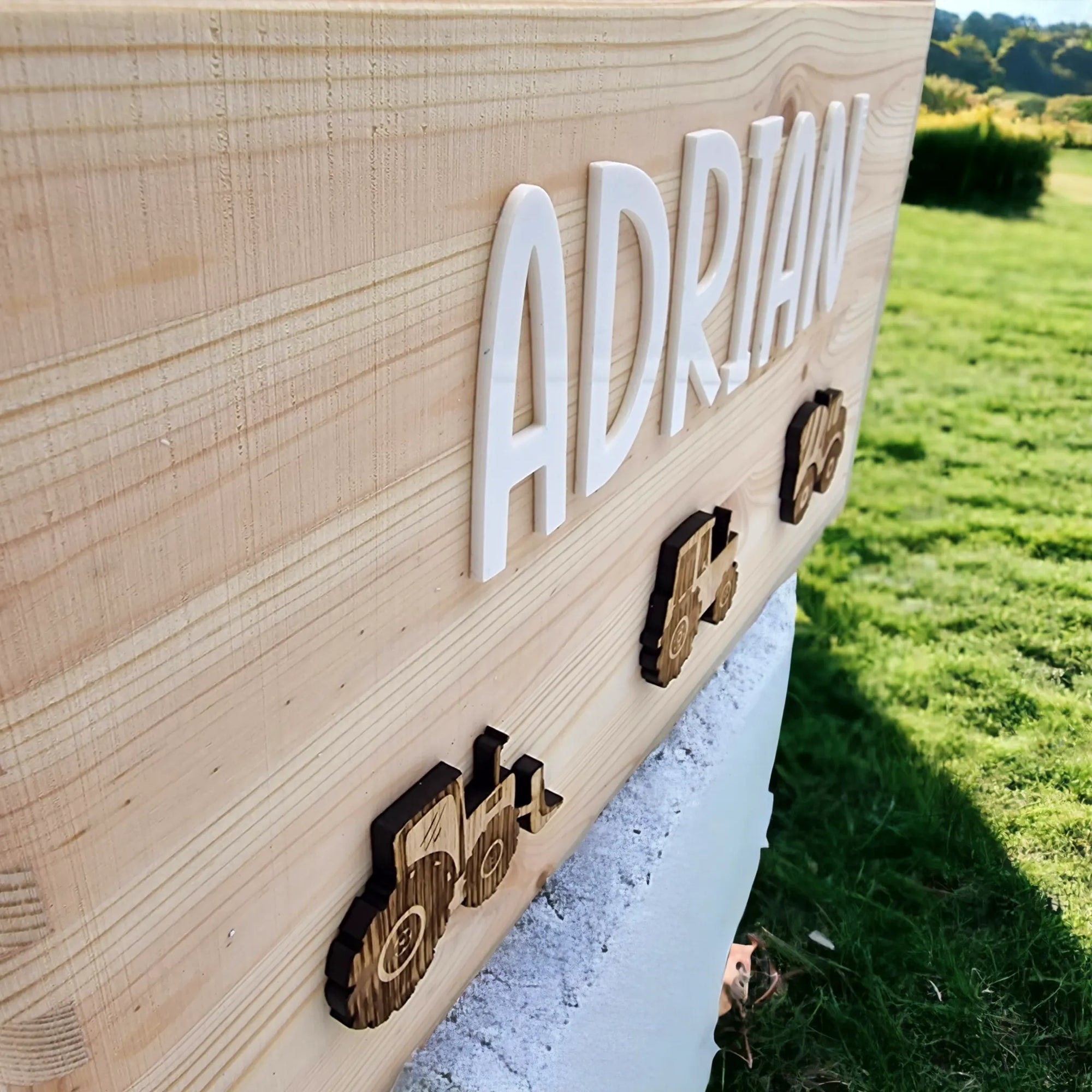 Nahaufnahme von Vorderseite von Erinnerungskiste, die draussen in der Natur steht. Personalisiert mit weissem Namen und Baustellen Fahrzeugen.