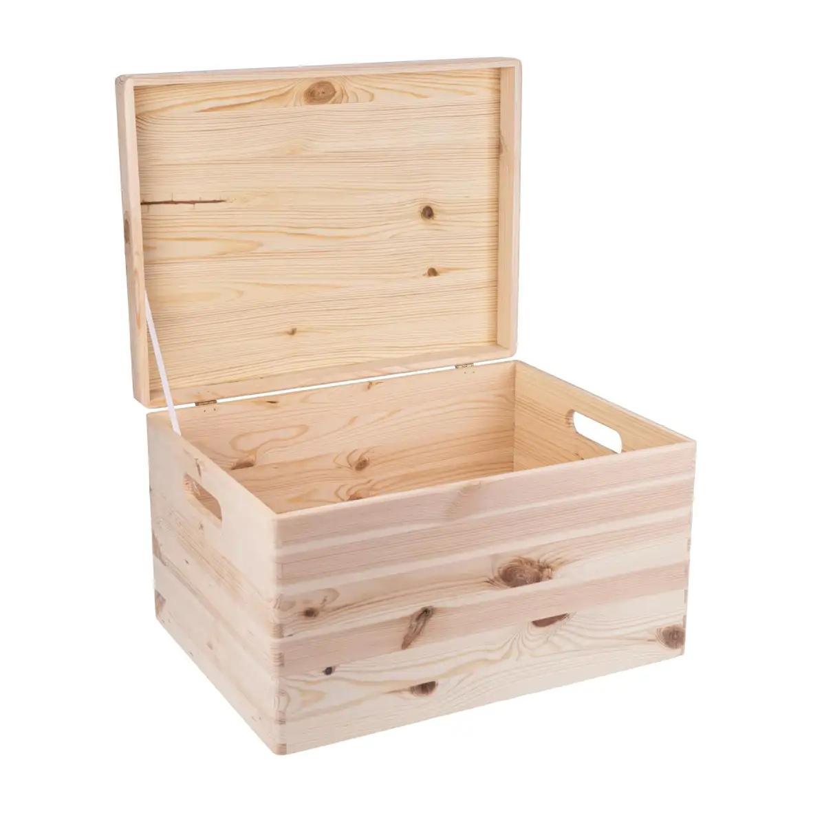 Geöffnete Holzkiste mit Griffen an den Seiten
