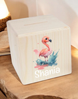 Holzspardose "Flamingo mit 3D Schrift"