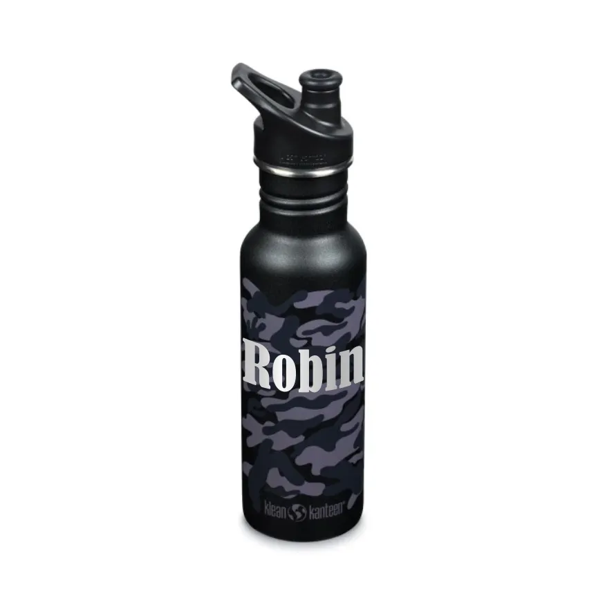Schwarze Camouflage Klean Kanteen Kinder Trinkflasche mit schwarzer Verschlusskappe, mit Namen personalisierbar.