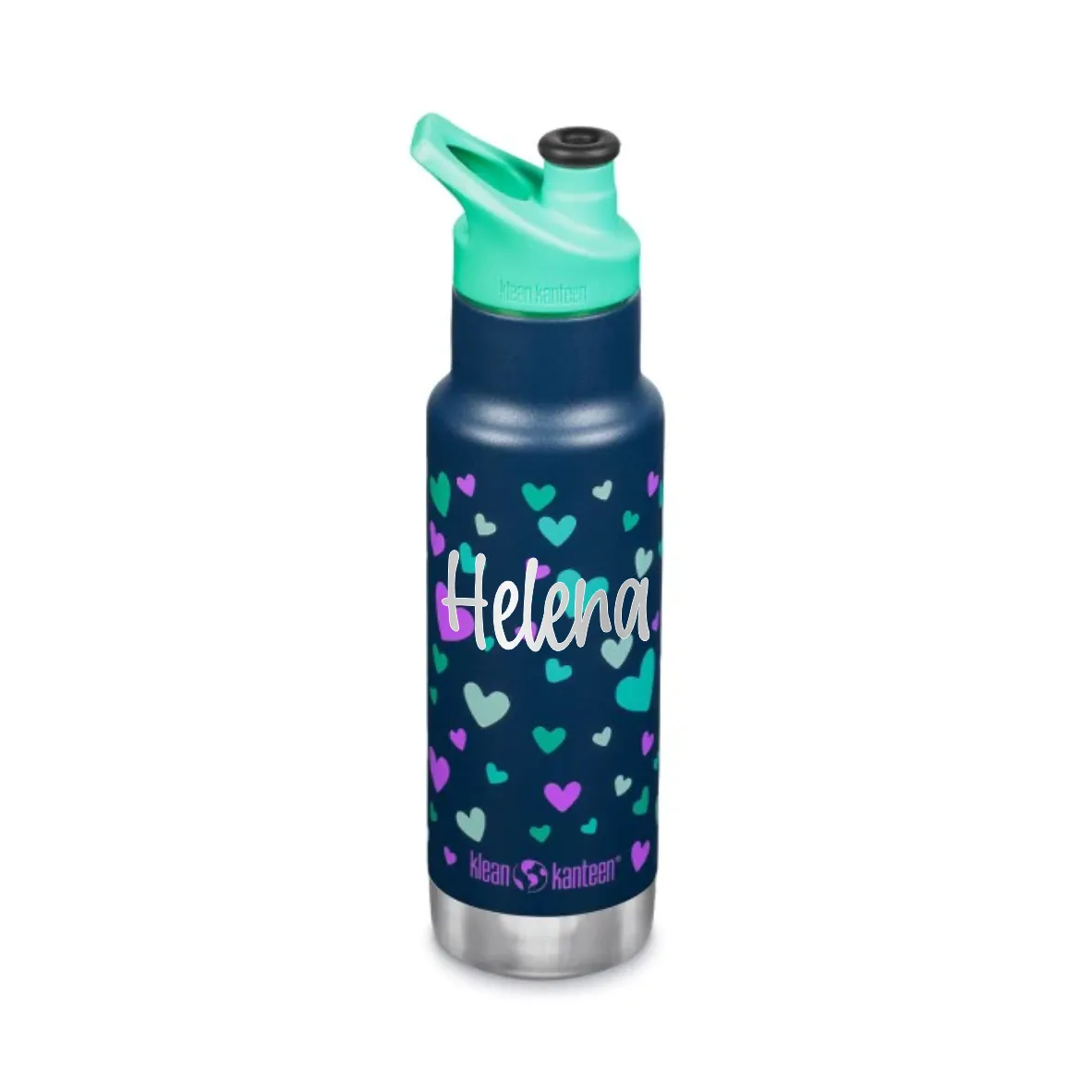 Dunkelblaue Klean Kanteen Kinder Trinkflasche mit violett und grünem Herz-Motiv und türkiser Verschlusskappe, mit Namen personalisierbar.