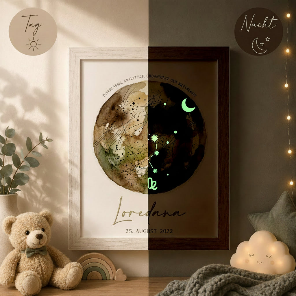 glow dreams sternzeichen jungfrau bilderrahmen mit olivgrünem aquarellkreis kraftfarbe tag nacht vergleich personalisiert