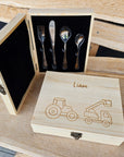 Kinderbesteck & Holzkiste mit Baufahrzeuge