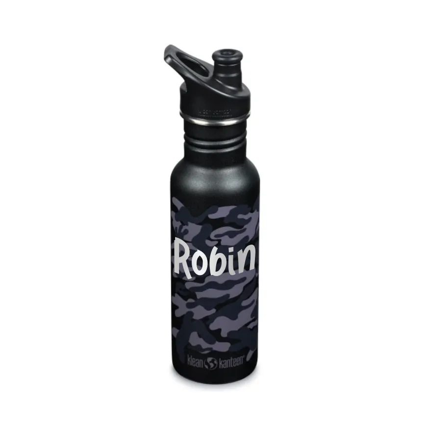 Schwarze Camouflage Klean Kanteen Kinder Trinkflasche mit schwarzer Verschlusskappe, mit Namen personalisierbar.