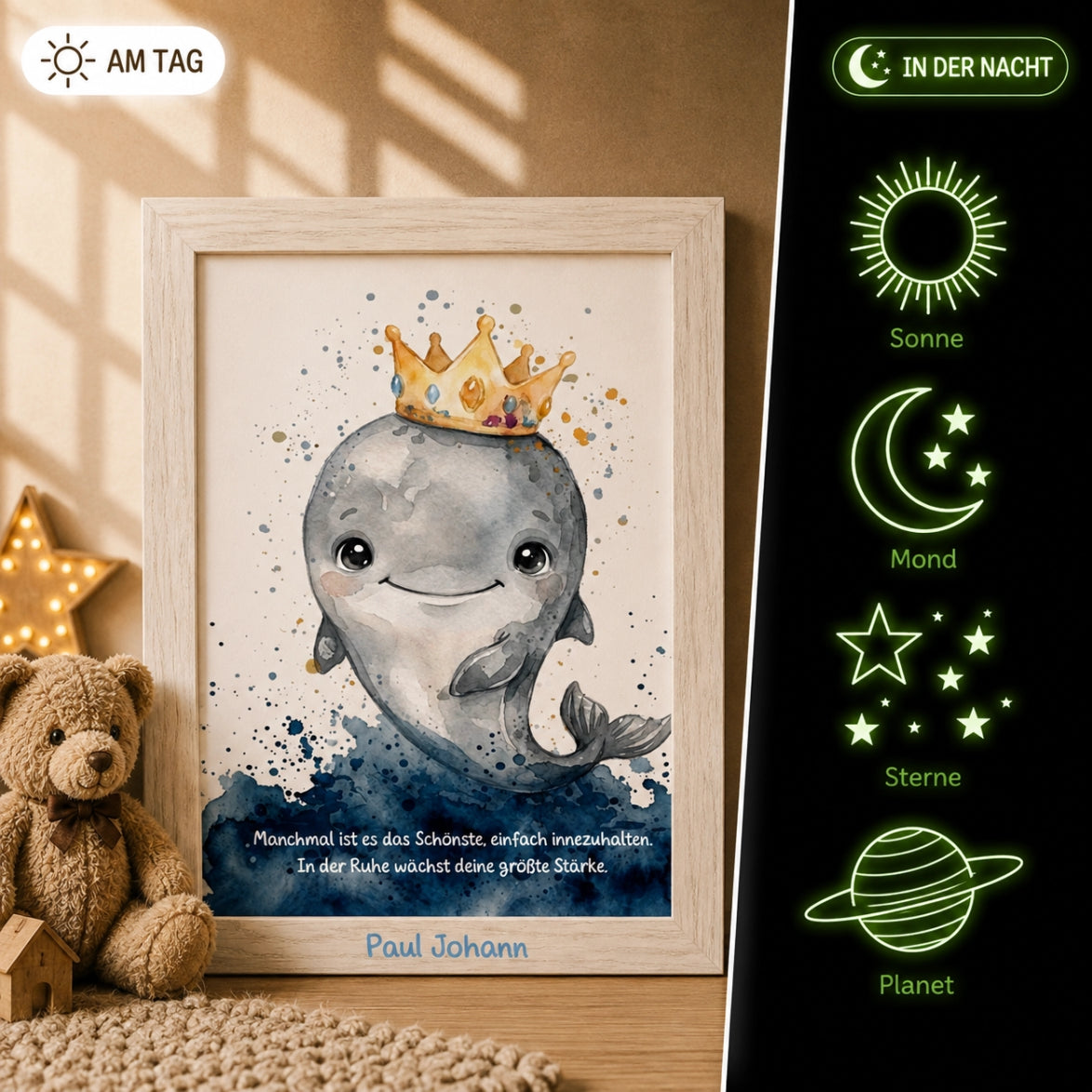 Glow Dreams Krafttier Wal – personalisiertes Leuchtbild für Kinder mit Wal, Name und sanft leuchtendem Nachtbegleiter im Holzrahmen