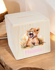 Holzspardose "Löwe mit 3D Schrift"