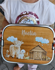 Lunchbox Edelstahl mit Holzbrett Bauernhof & Namen personalisiert