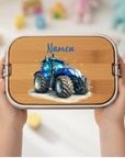 Lunchbox Edelstahl mit Holzbrett Traktor New Blue & Namen personalisiert