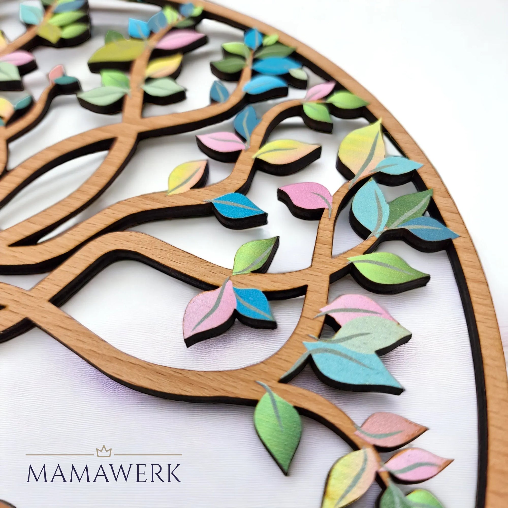 Rundes Namensschild von Mamawerk aus Holz, mit blauem Namen und Geburtsdatum aus Acrylglas sowie Lebensbaum mit farbigen Blättern bedruckt.