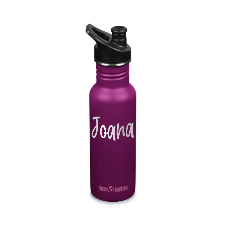 Violette Camouflage Klean Kanteen Kinder Trinkflasche mit schwarzer Verschlusskappe, mit Namen personalisierbar.