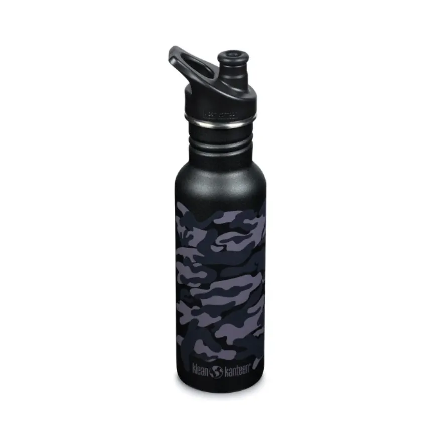 Schwarze Camouflage Klean Kanteen Kinder Trinkflasche mit schwarzer Verschlusskappe, mit Namen personalisierbar.