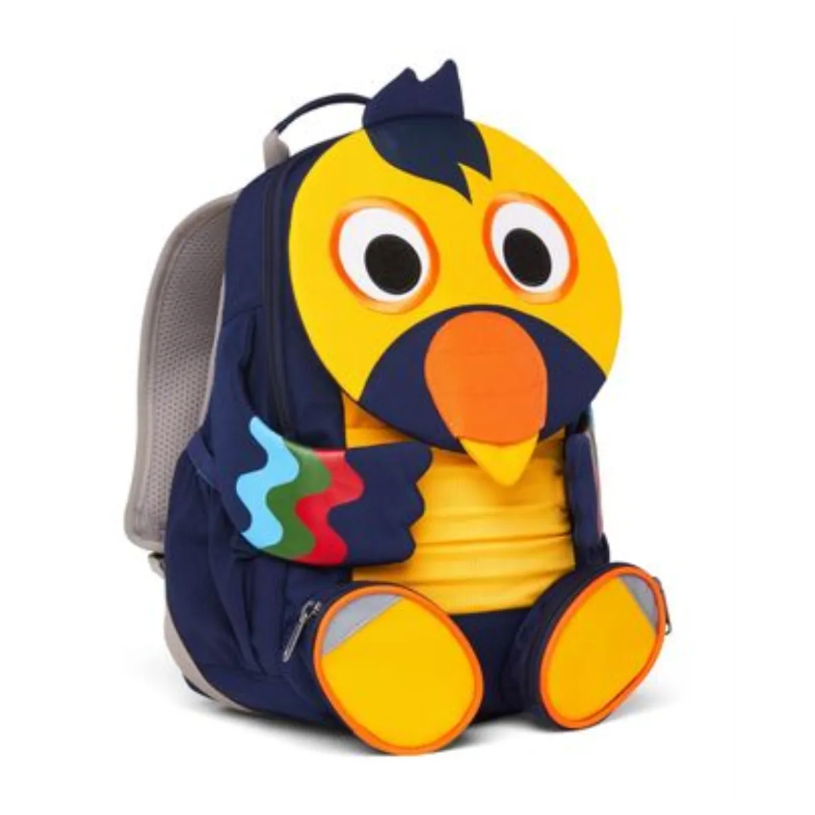 Blau gelber Rucksack mit Tukan Vogelgesicht als Rucksackklappe und farbigen Flügel und gelben Füssen.