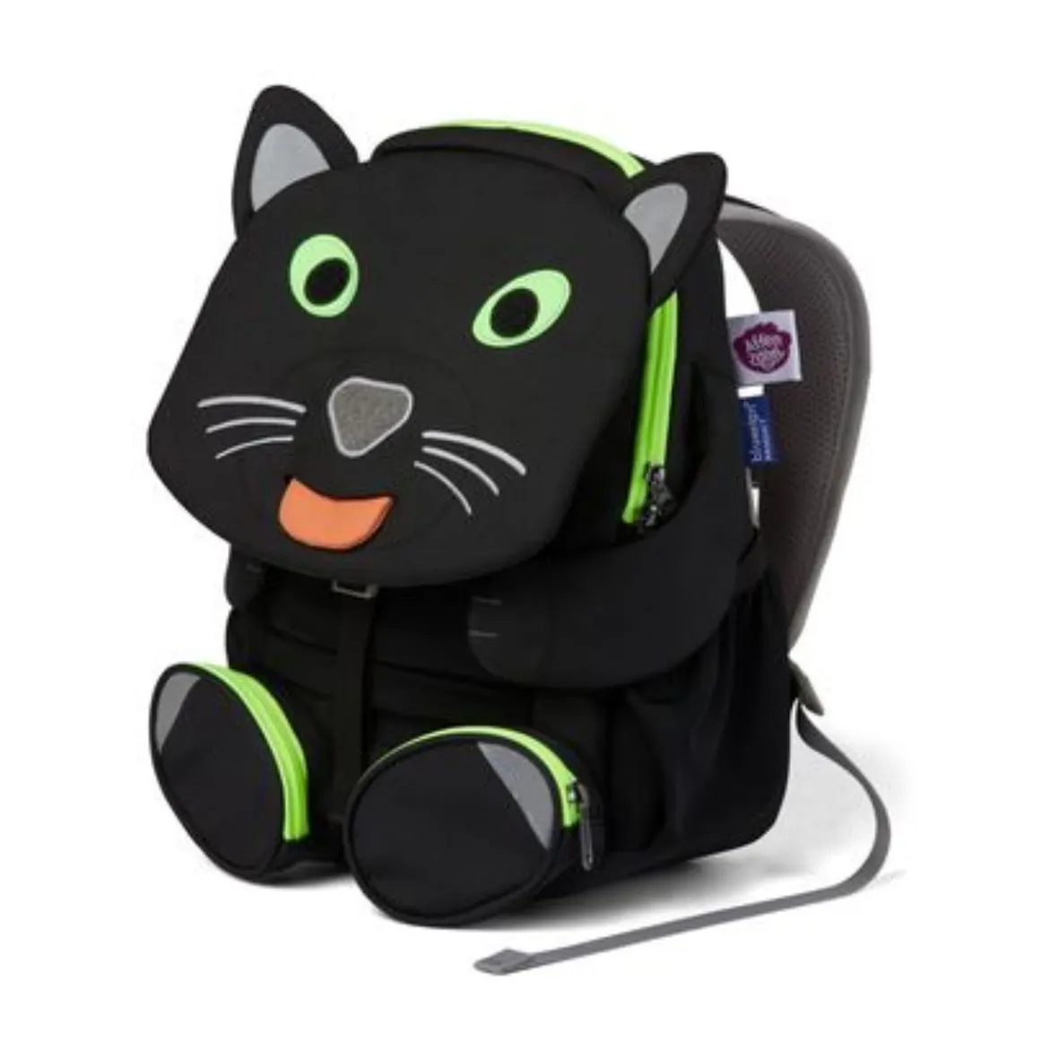Schwarzer Panther Kinderrucksack mit Gesicht als Klappe, Zunge ausziehbar. Zwei schwarze Füsse vorne als Vordertaschen, schwarze Seitentaschen, graue Schultergurte.