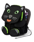 Schwarzer Panther Kinderrucksack mit Gesicht als Klappe, Zunge ausziehbar. Zwei schwarze Füsse vorne als Vordertaschen, schwarze Seitentaschen, graue Schultergurte.