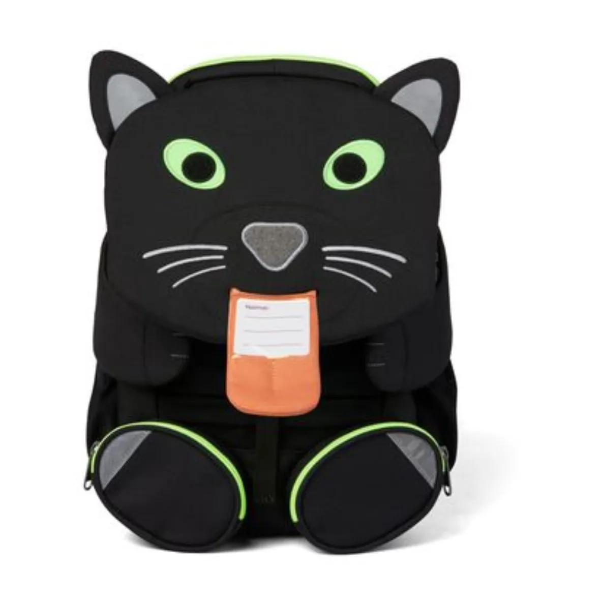 Schwarzer Panther Kinderrucksack mit Gesicht als Klappe, Zunge ausgezogen mit Beschriftungsmöglichkeit. Zwei schwarze Füsse vorne als Vordertaschen, schwarze Seitentaschen, graue Schultergurte.