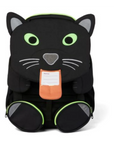 Schwarzer Panther Kinderrucksack mit Gesicht als Klappe, Zunge ausgezogen mit Beschriftungsmöglichkeit. Zwei schwarze Füsse vorne als Vordertaschen, schwarze Seitentaschen, graue Schultergurte.
