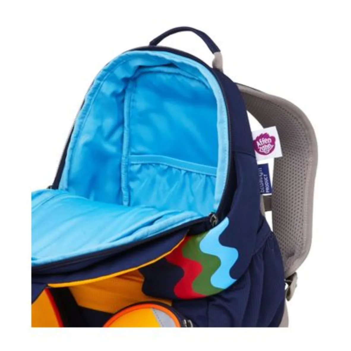 Blaue Innenseite von Tukan Kinder Rucksack von Affenzahn. Blaues Staufach, graue Schultergurte.