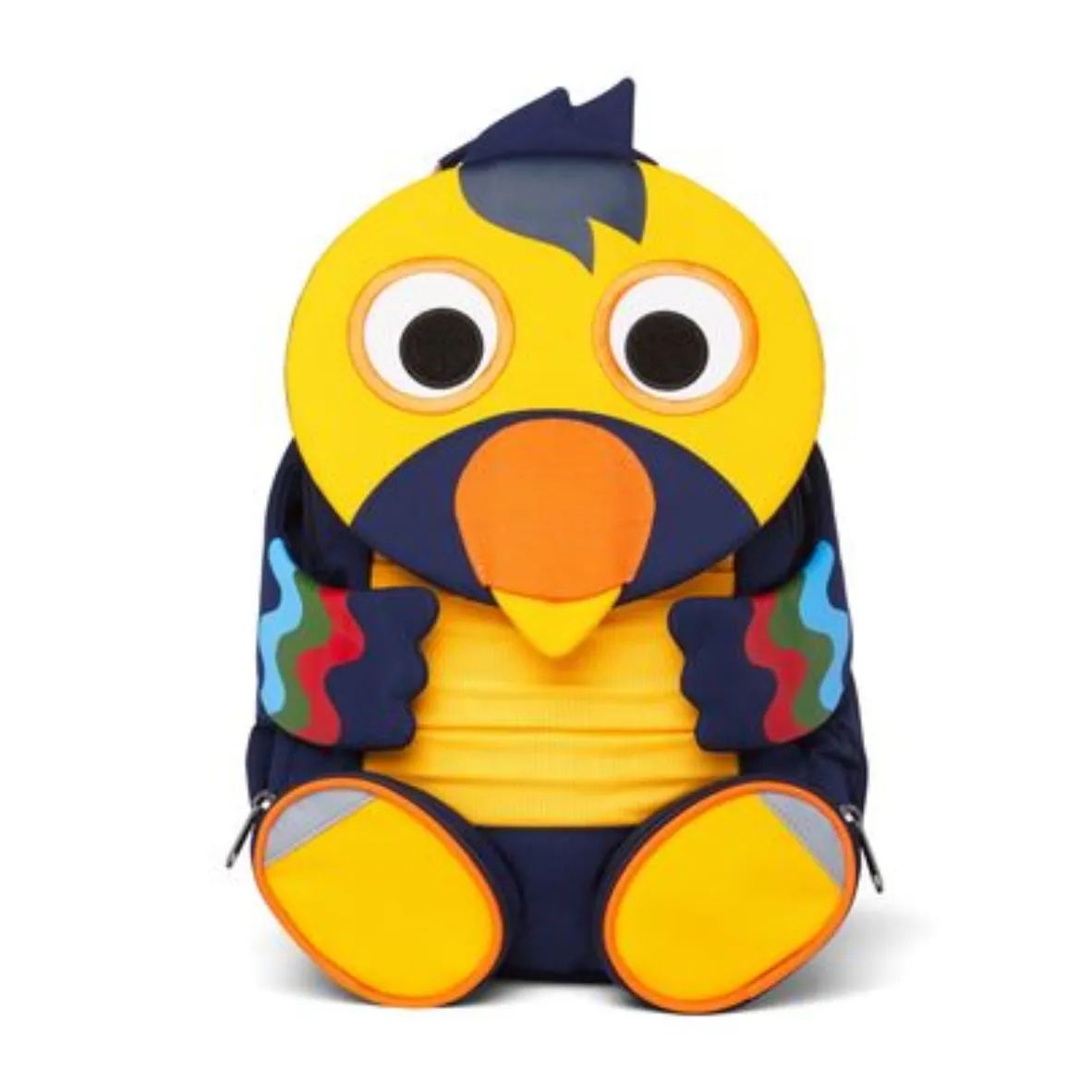 Blau gelber Rucksack mit Tukan Vogelgesicht als Rucksackklappe, Zunge ausziehbar, farbige Flügel und gelbe Füsse als Vordertaschen.