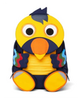 Blau gelber Rucksack mit Tukan Vogelgesicht als Rucksackklappe, Zunge ausziehbar, farbige Flügel und gelbe Füsse als Vordertaschen.