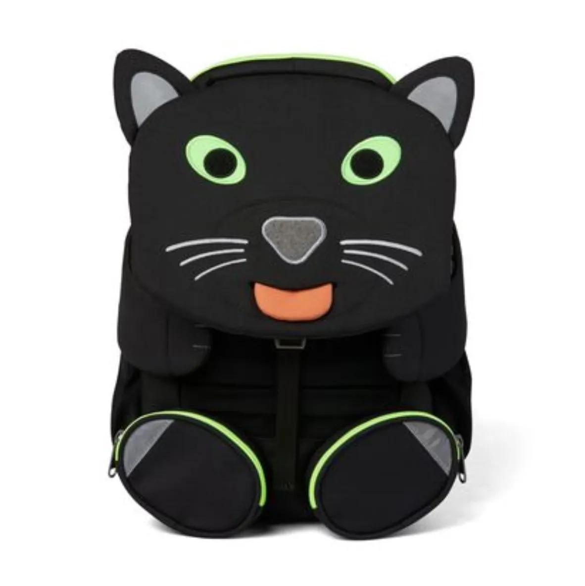 Schwarzer Panther Kinderrucksack mit Gesicht als Klappe, Zunge ausziehbar. Zwei schwarze Füsse vorne als Vordertaschen, schwarze Seitentaschen, graue Schultergurte.