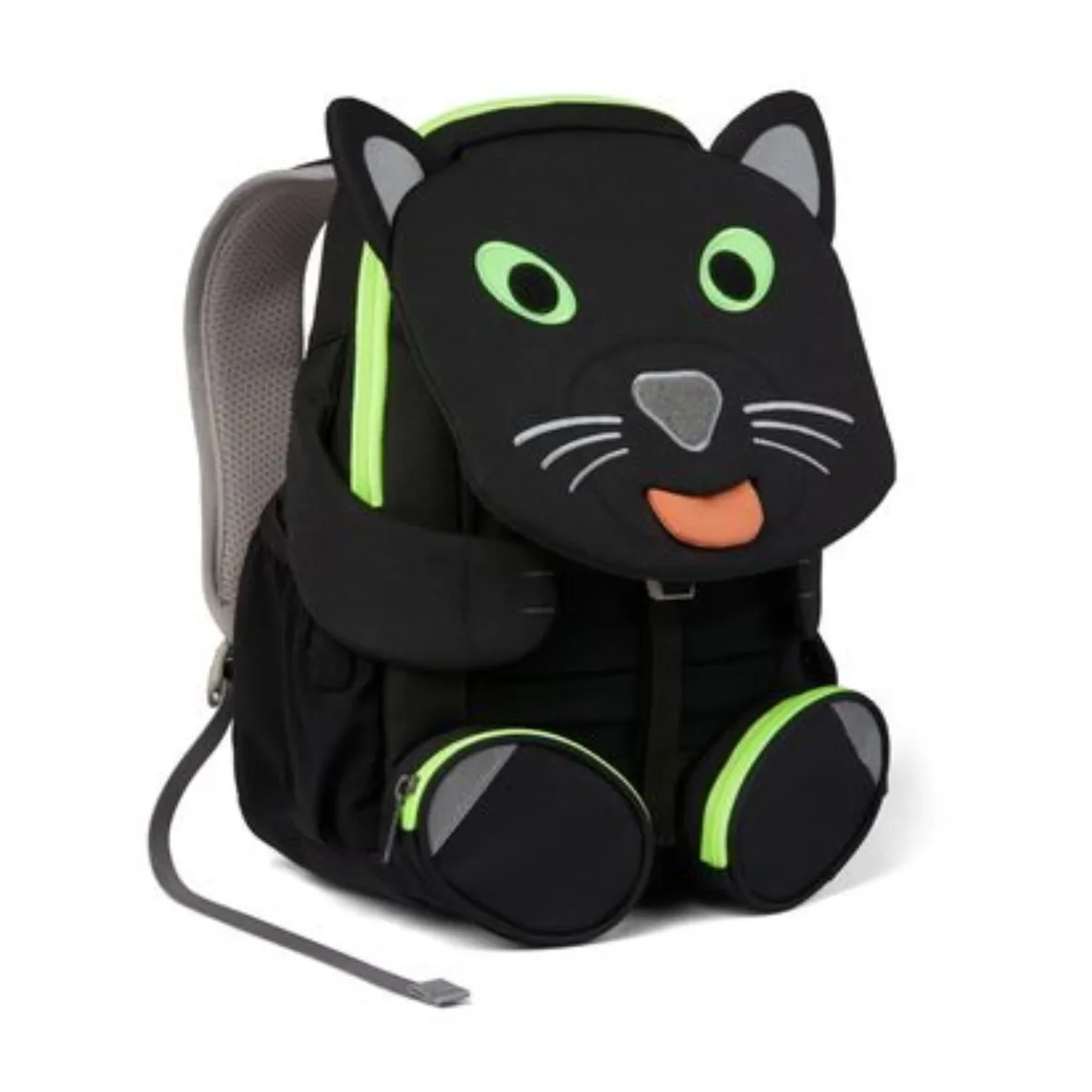 Schwarzer Panther Kinderrucksack mit Gesicht als Klappe, Zunge ausziehbar. Zwei schwarze Füsse vorne als Vordertaschen, schwarze Seitentaschen, graue Schultergurte.