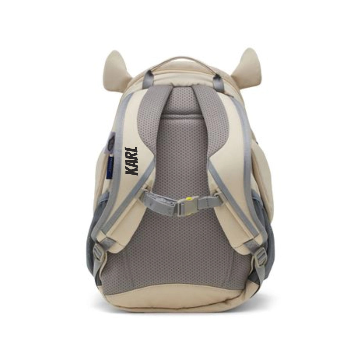 Graue Rückenseite von Kinderrucksack mit Nashornmotiv auf Vorderseite. Personalisiert mit Namen auf rechtem Schultergurt
