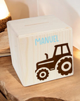 Holzspardose "Traktor mit 3D Schrift"