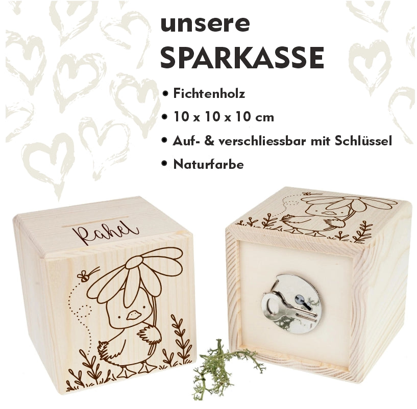 tolle Holzprardose aus Fichtenholz mit Dina Duck Entchen gelasert und namen personalisierbar