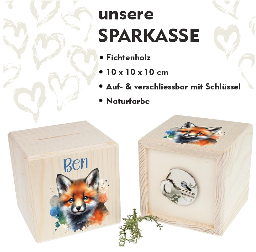 sparkasse in quadratischer form bedruckt mit einem fuchs und namen personalisert und massangaben