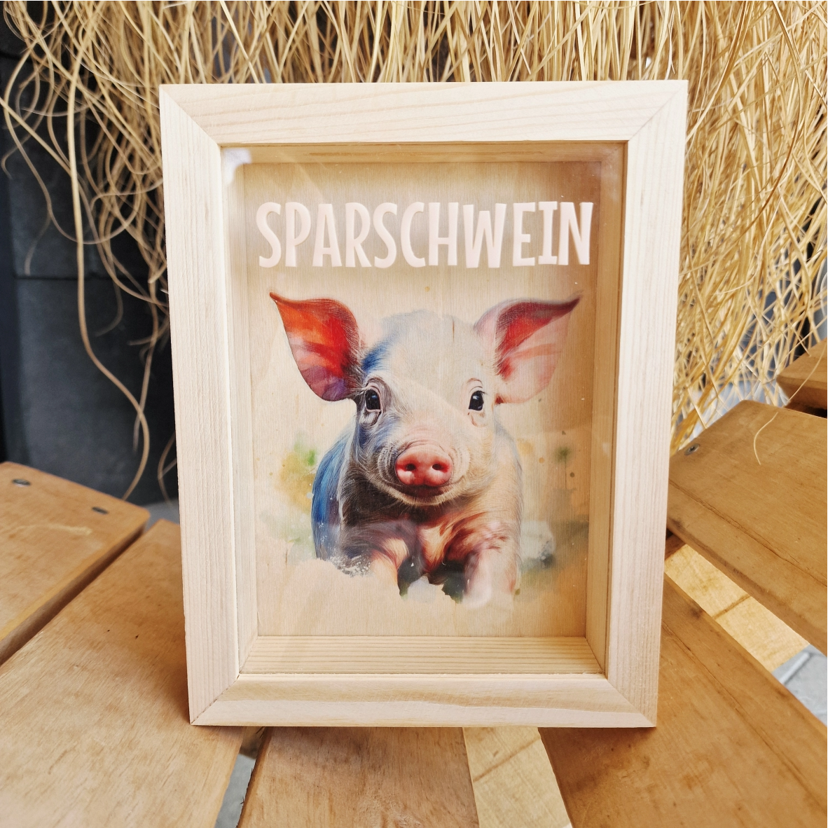 sparkasse im Bilderrahmen mit schwein motiv und 3D Schrift