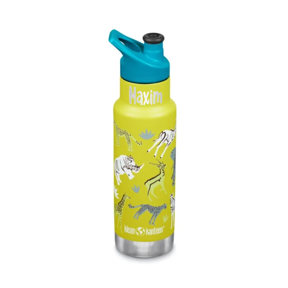 Gelbe Klean Kanteen Kinder Trinkflasche mit Safari Tier-Motiv und blauer Verschlusskappe, mit Namen personalisierbar.