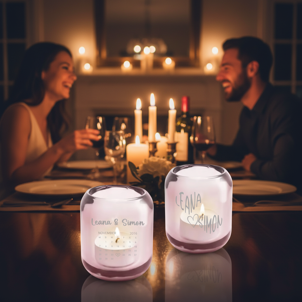 wunderschöne teelichter aus rosa gefärbtem glas inkl. personalisierung und datum nach wunsch