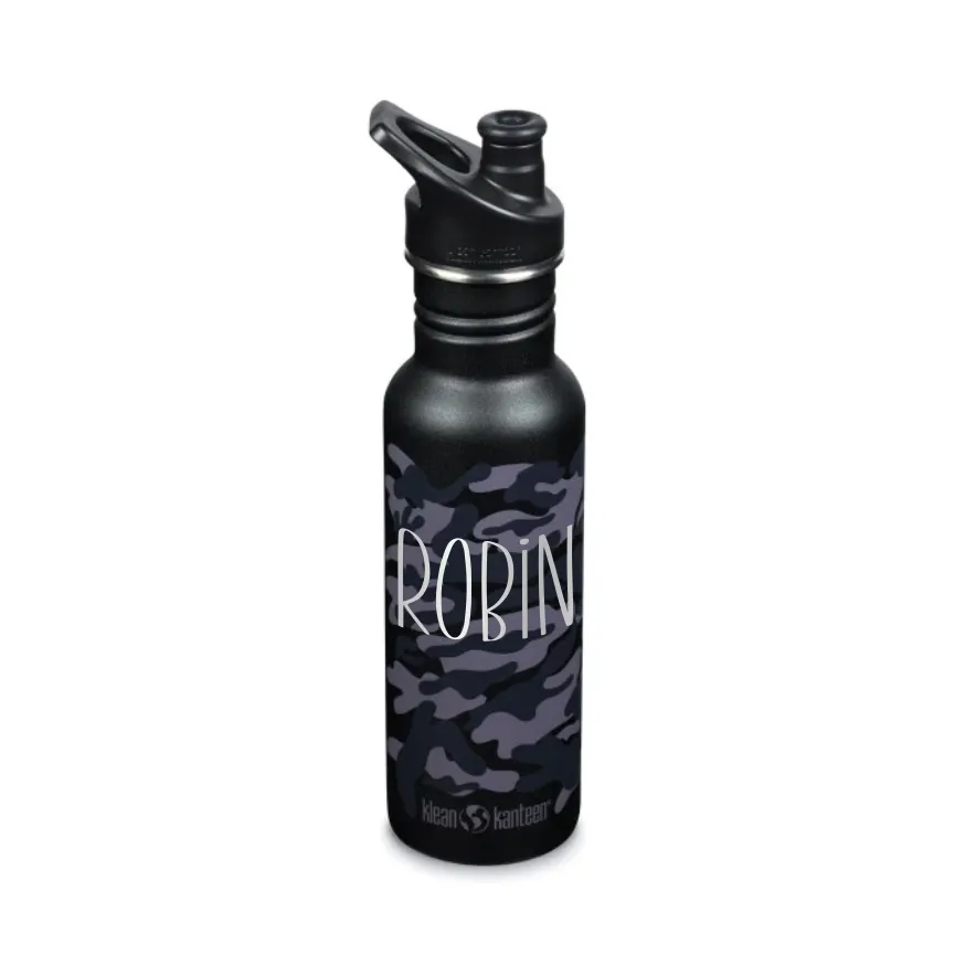 Schwarze Camouflage Klean Kanteen Kinder Trinkflasche mit schwarzer Verschlusskappe, mit Namen personalisierbar.