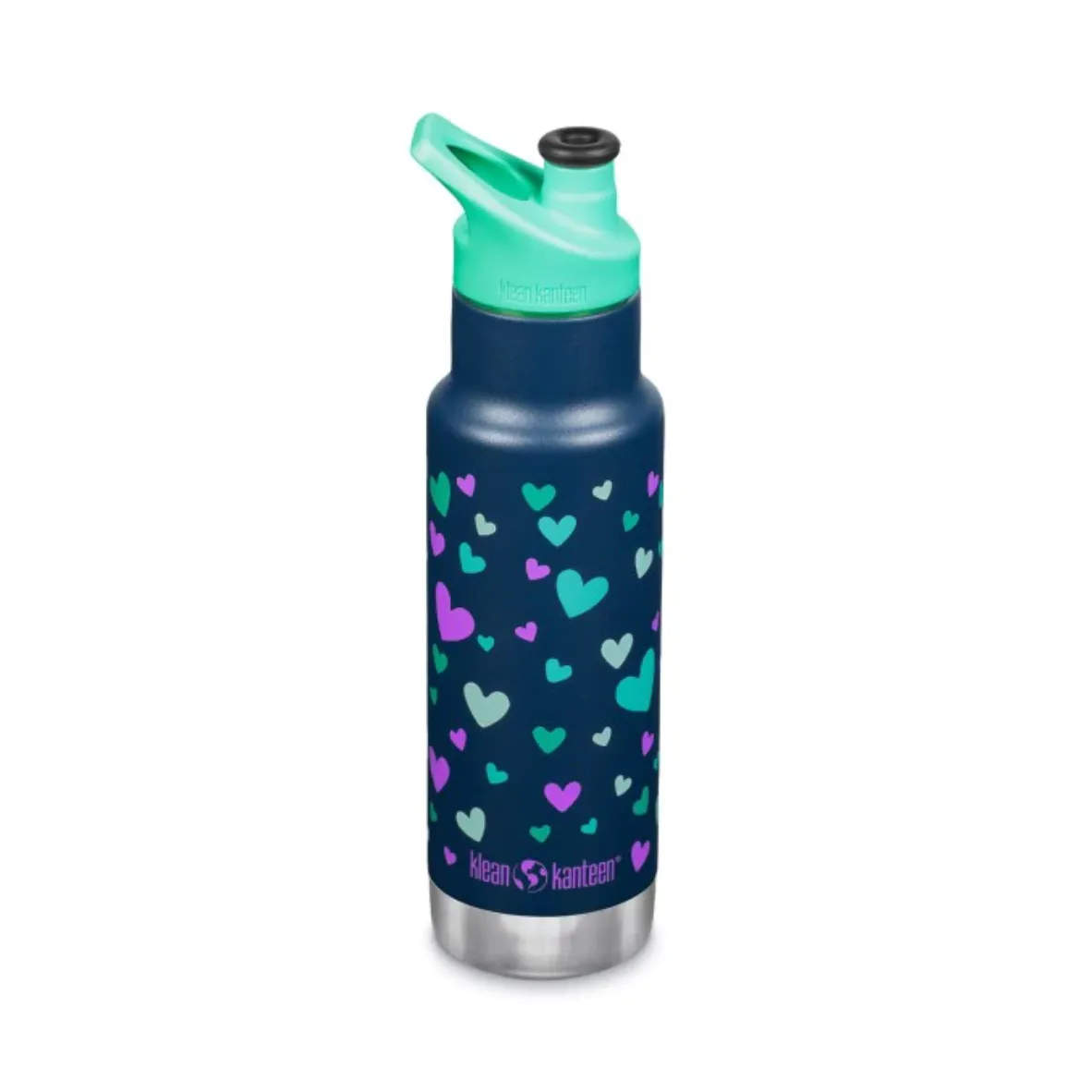 Dunkelblaue Klean Kanteen Kinder Trinkflasche mit violett und grünem Herz-Motiv und türkiser Verschlusskappe, mit Namen personalisierbar.