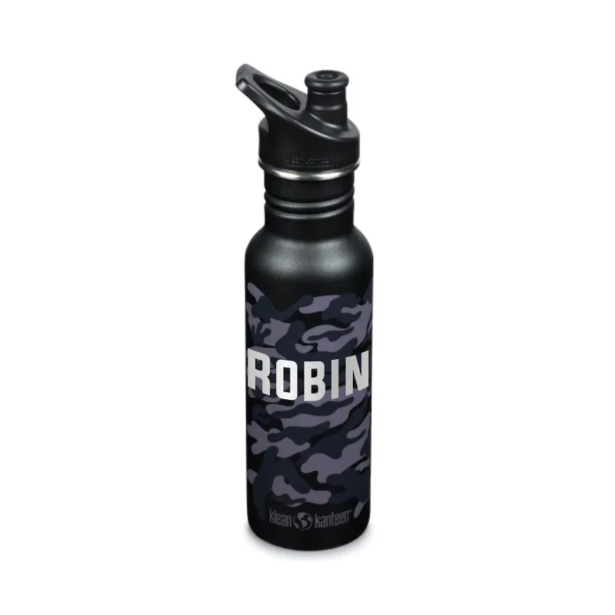Schwarze Camouflage Klean Kanteen Kinder Trinkflasche mit schwarzer Verschlusskappe, mit Namen personalisierbar.