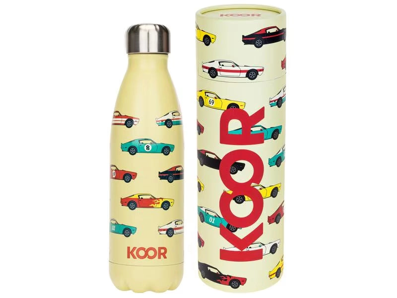 Gelbe Koor Trinkflasche Macchina 500ml personalisierbar mit Namen in Verpackung