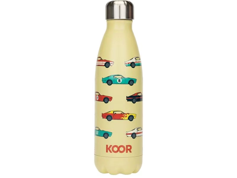 Gelbe Koor Trinkflasche Macchina 500ml personalisierbar mit Namen für Kinder als Geschenk zur Einschulung