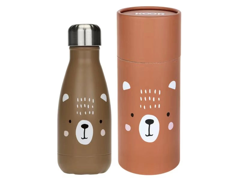 Braune Koor Trinkflasche Orsetto 260ml personalisierbar mit Namen in Verpackung
