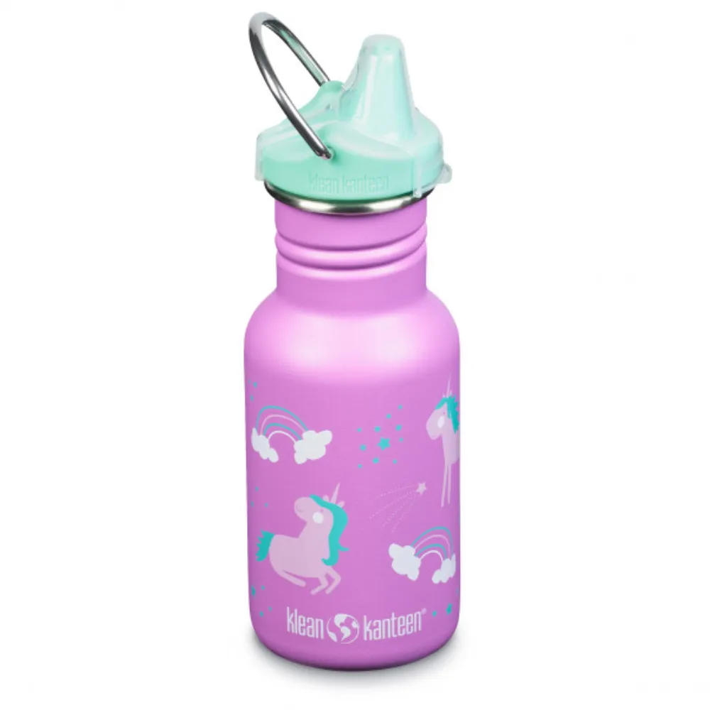 Pinke Klean Kanteen Kinder Trinkflasche mit Einhorn-Motiv und türkiser Verschlusskappe, mit Namen personalisierbar.