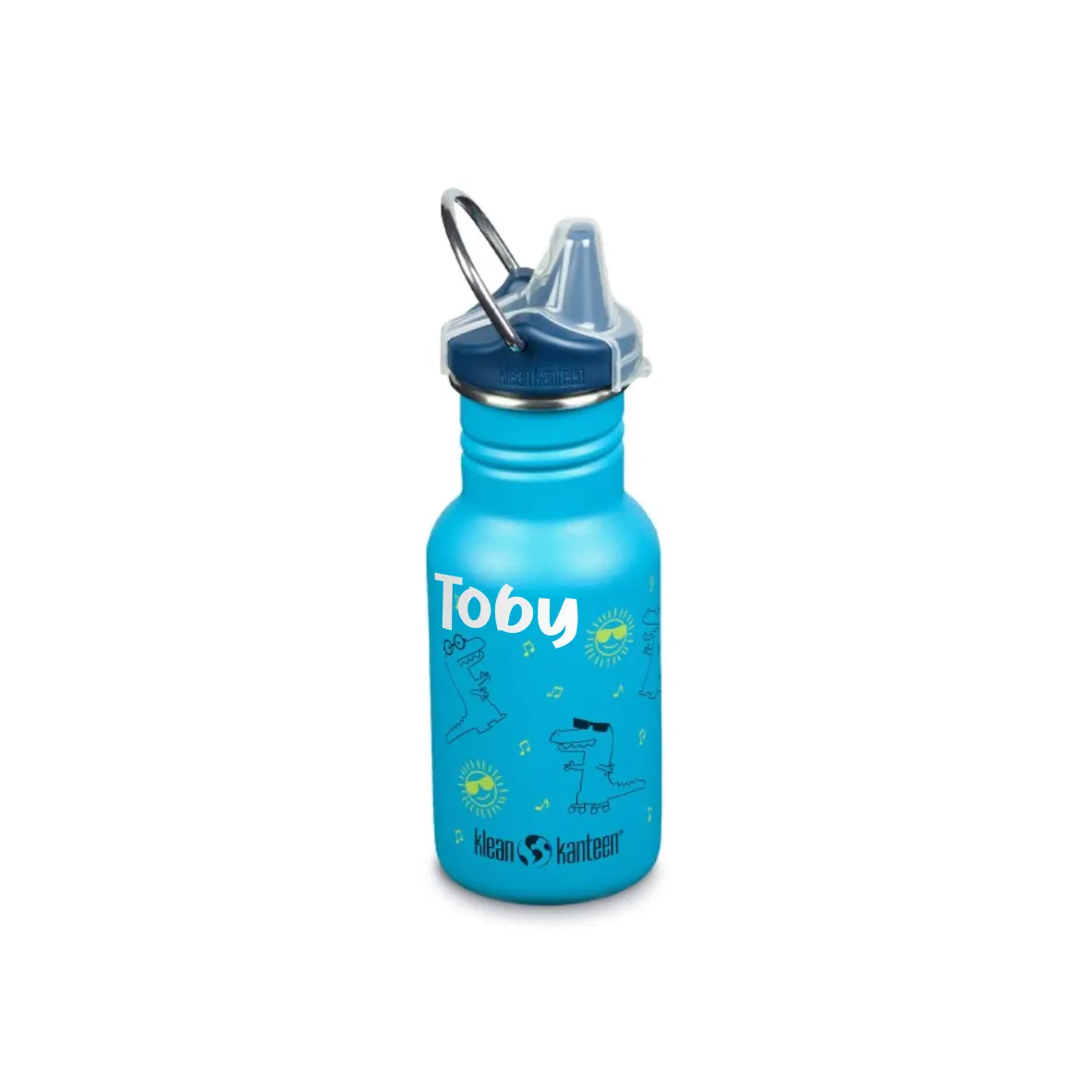 Blaue Klean Kanteen Kinder Trinkflasche mit Dinosaurier-Motiv und schwarzer Verschlusskappe, mit Namen personalisierbar.