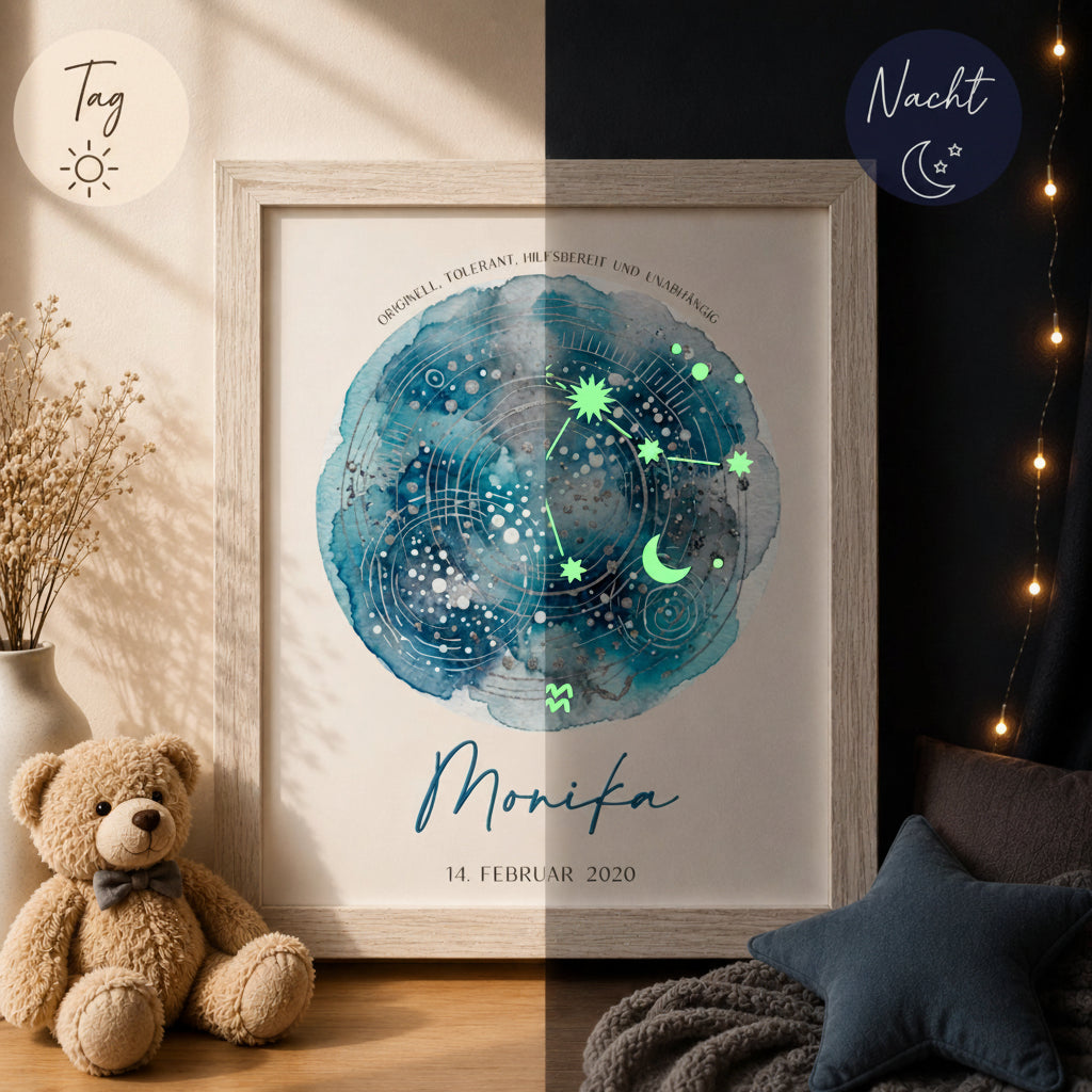 personalisierter glow dreams bilderrahmen sternzeichen wassermann mit petrolfarbenem und himmelblauem aquarell kraftkreis leuchtender sternkarte personalisiertem namen und geburtsdatum im hochwertigen holzrahmen