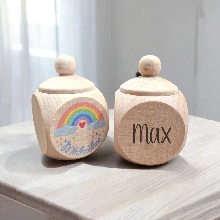 wunderschöne Zahndosen aus ahornholz mit verschliessbarmen Deckel und Regenbogen Print graviert mit namen